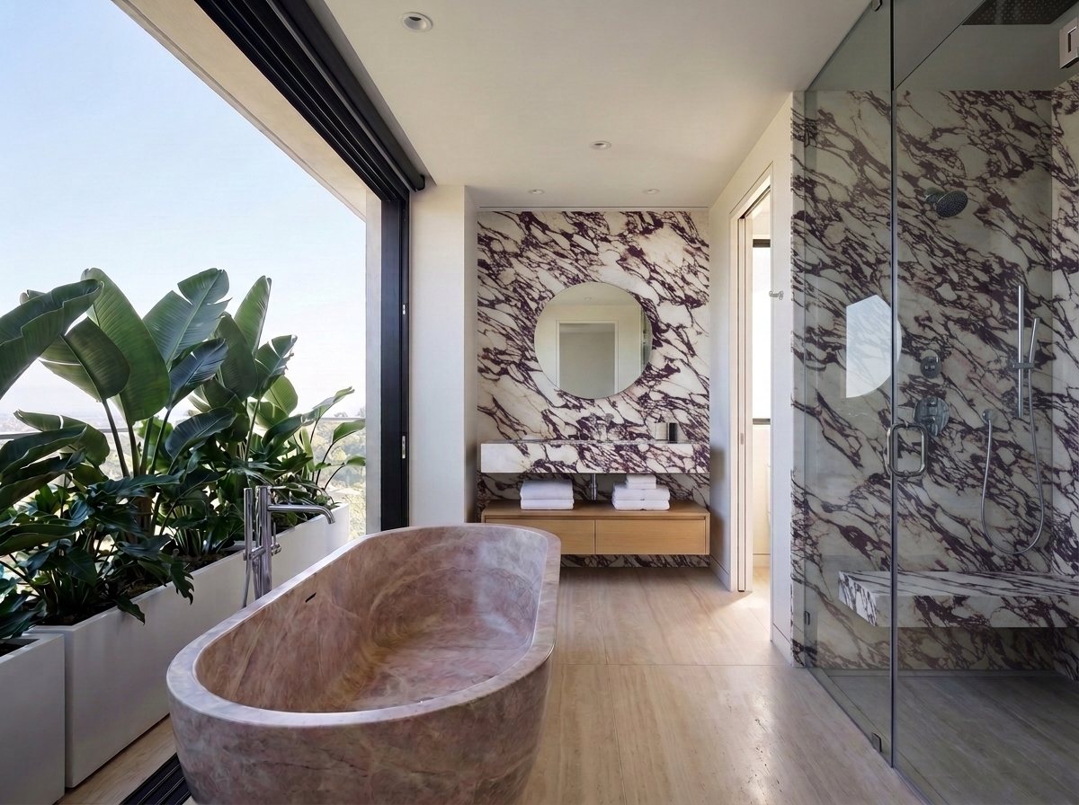 Bathroom in Calacatta Viola marble with a carved stone bath